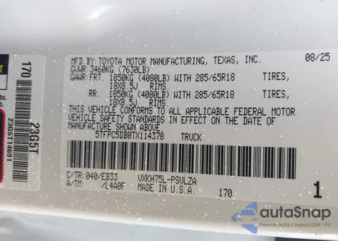 2026 Toyota Tundra Hybrid Trd Pro Hybrid Crewmax 5.5' Bed z USA, uszkodzony, nr VIN 5TFPC5DB0TX114378